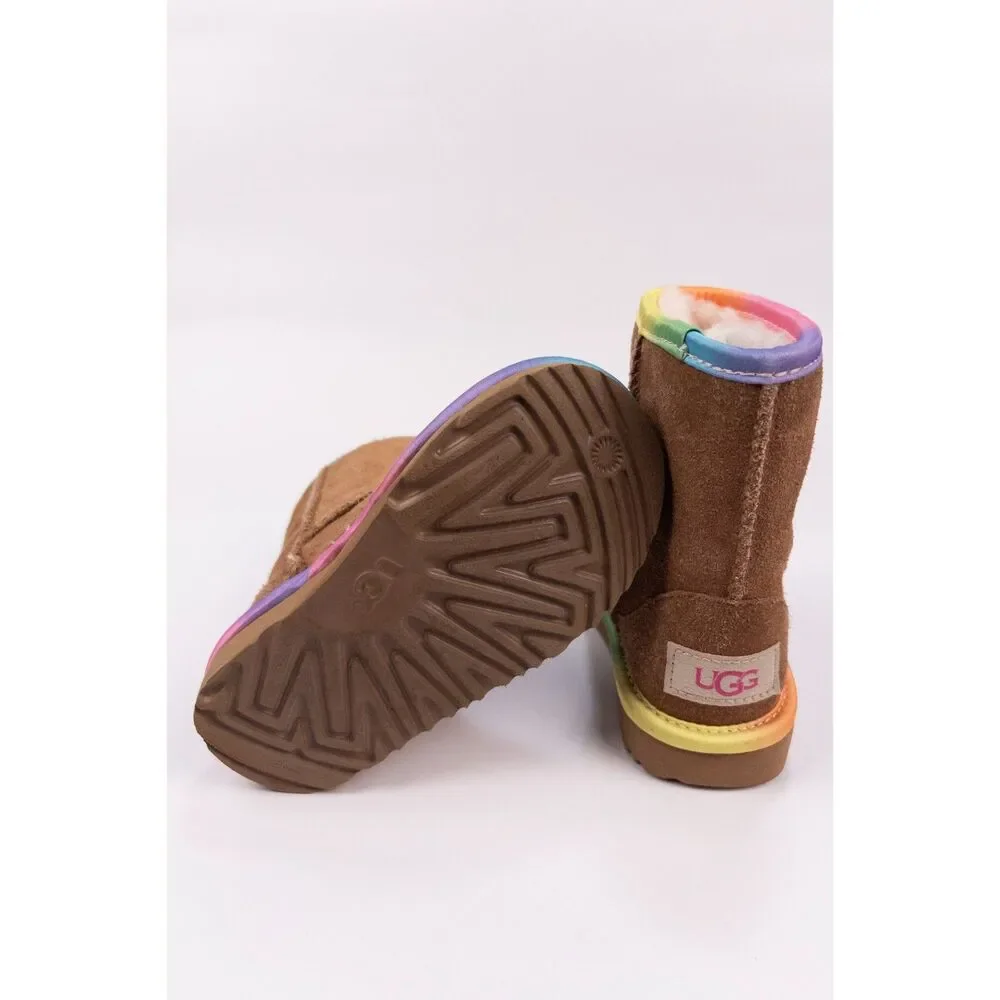 UGG Kids Classic Short II Rainbow Chestnut Suede Boots Toddler Girls Size 8